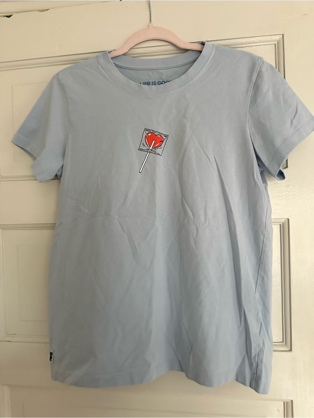 Life Is Good Light Blue Tee with Red Heart Lollipop Graphic